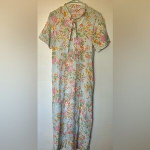 Vintage Miss Elaine Nightgown Long Cotton Blend Size M Lace Bow Duster Zip Up